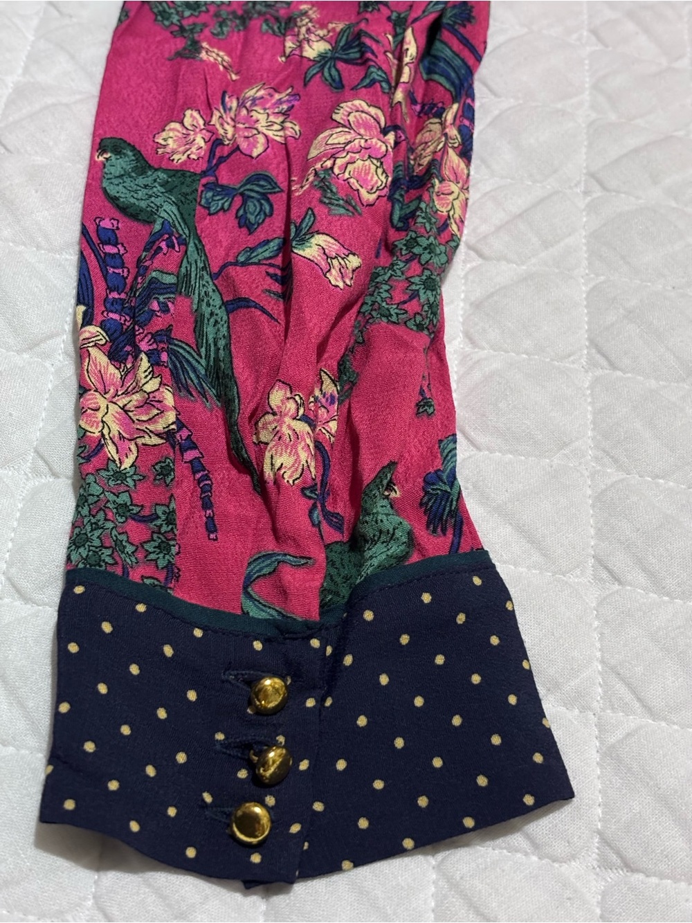 Anthropologie Maeve Fuchsia Floral Mini Dress with Navy Polka-Dot Bib Size 6 - Picture 8 of 10